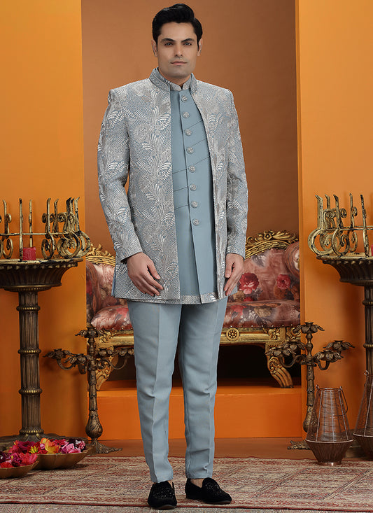 Powder Blue Art Silk Computer Thread Work Wedding Wear Readymade Indowestern Sherwani SW994734