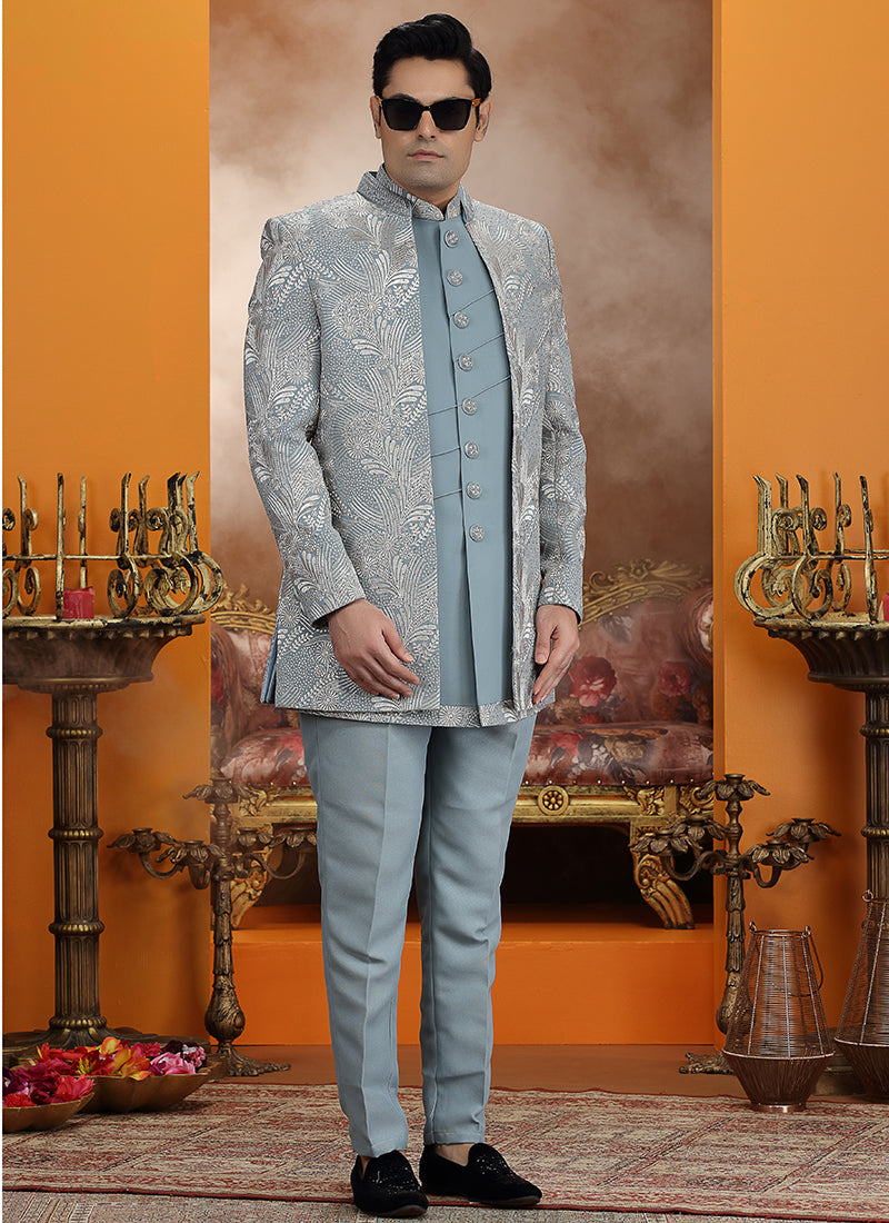 Powder Blue Art Silk Computer Thread Work Wedding Wear Readymade Indowestern Sherwani SW994734