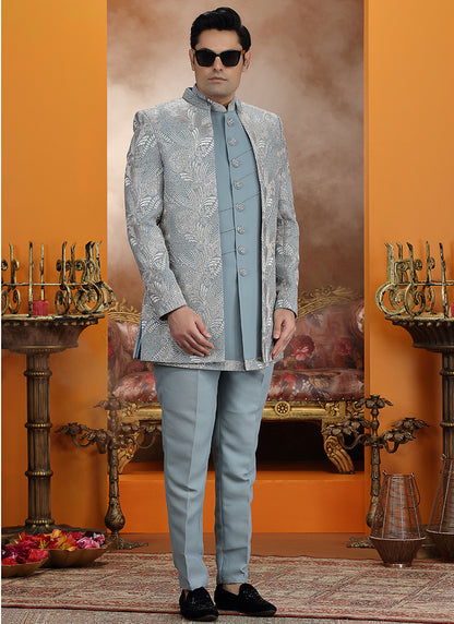 Powder Blue Art Silk Computer Thread Work Wedding Wear Readymade Indowestern Sherwani SW994734