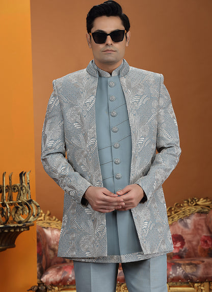 Powder Blue Art Silk Computer Thread Work Wedding Wear Readymade Indowestern Sherwani SW994734