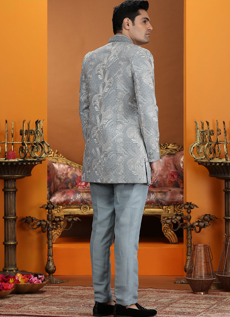 Powder Blue Art Silk Computer Thread Work Wedding Wear Readymade Indowestern Sherwani SW994734