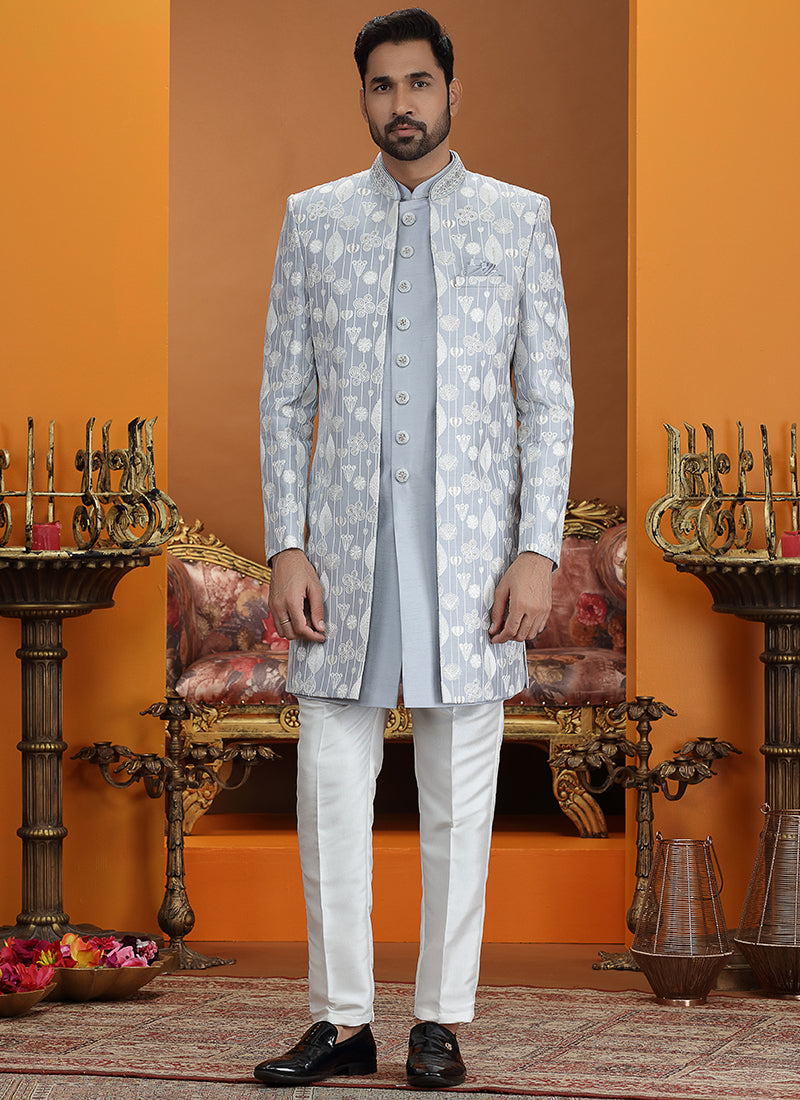 Powder Blue Art Silk Computer Thread Work Wedding Wear Readymade Indowestern Sherwani SW809707