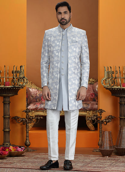 Powder Blue Art Silk Computer Thread Work Wedding Wear Readymade Indowestern Sherwani SW809707