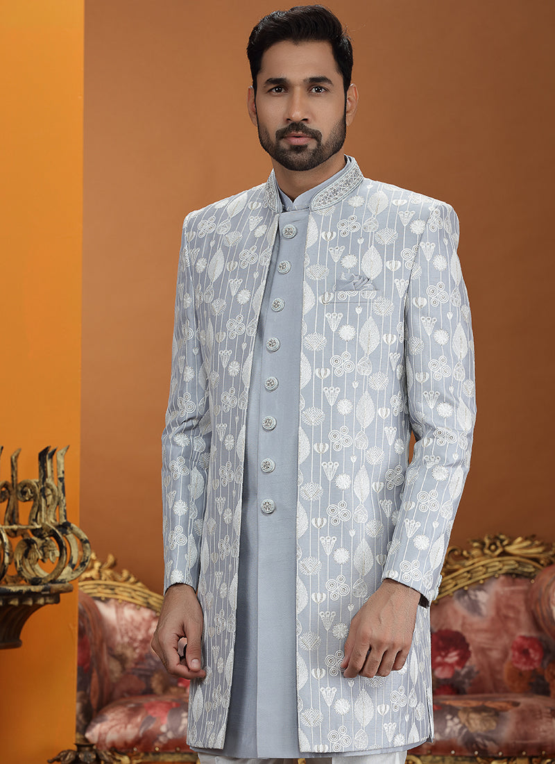 Powder Blue Art Silk Computer Thread Work Wedding Wear Readymade Indowestern Sherwani SW809707