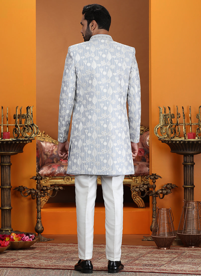 Powder Blue Art Silk Computer Thread Work Wedding Wear Readymade Indowestern Sherwani SW809707