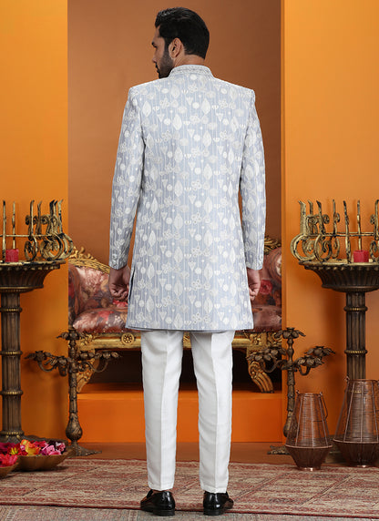 Powder Blue Art Silk Computer Thread Work Wedding Wear Readymade Indowestern Sherwani SW809707