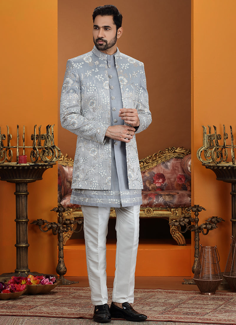 Powder Blue Art Silk Computer Thread Work Wedding Wear Readymade Indowestern Sherwani SW584288