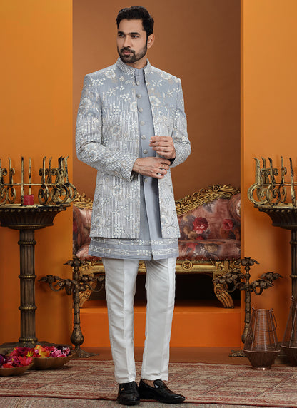 Powder Blue Art Silk Computer Thread Work Wedding Wear Readymade Indowestern Sherwani SW584288