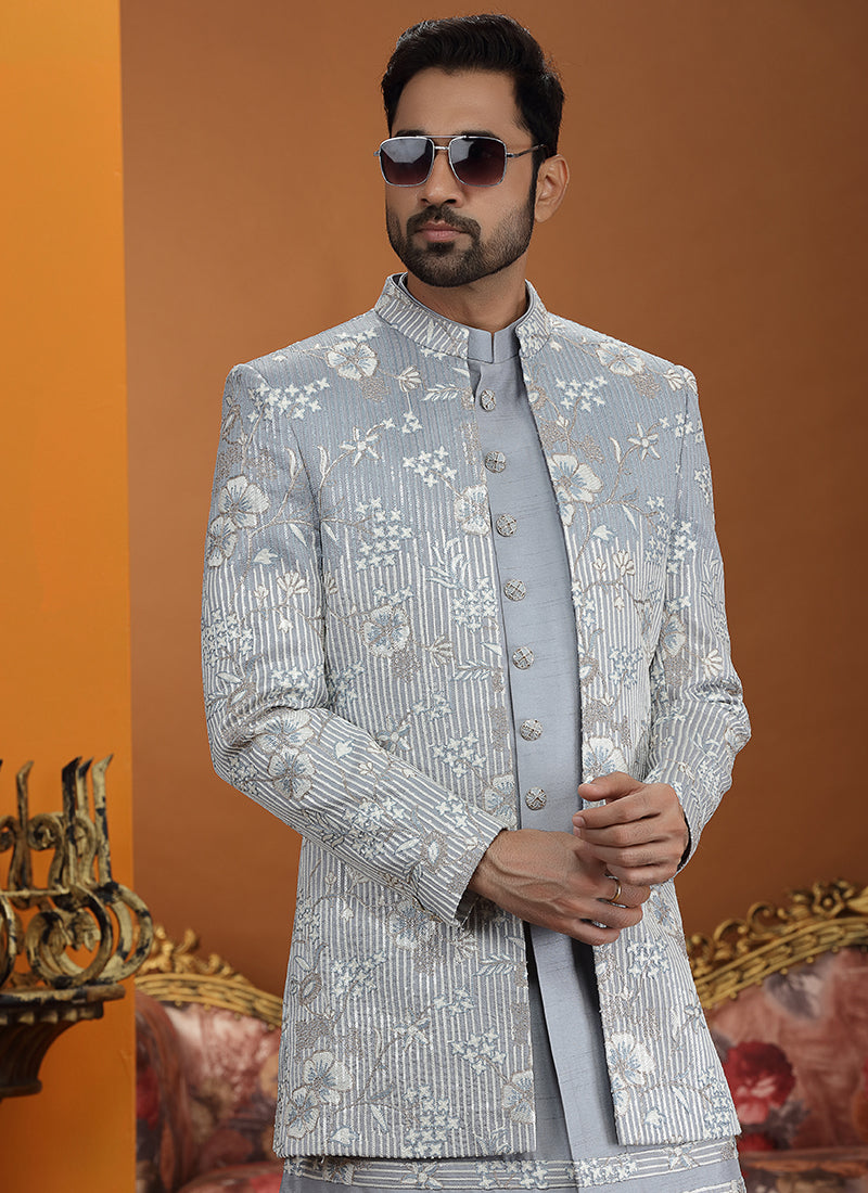 Powder Blue Art Silk Computer Thread Work Wedding Wear Readymade Indowestern Sherwani SW584288