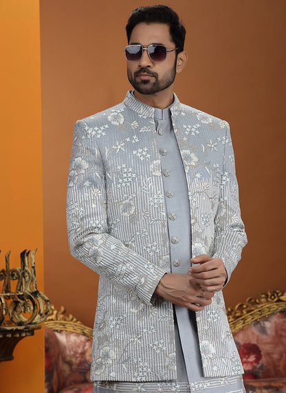 Powder Blue Art Silk Computer Thread Work Wedding Wear Readymade Indowestern Sherwani SW584288