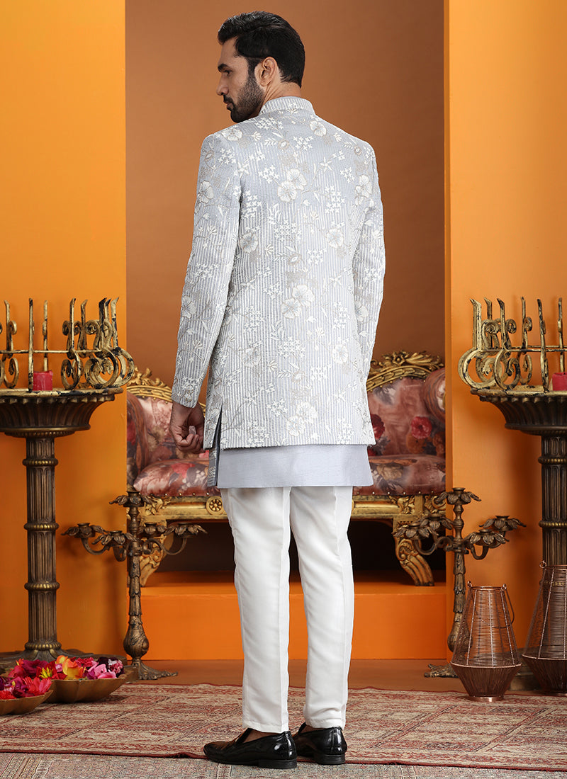 Powder Blue Art Silk Computer Thread Work Wedding Wear Readymade Indowestern Sherwani SW584288