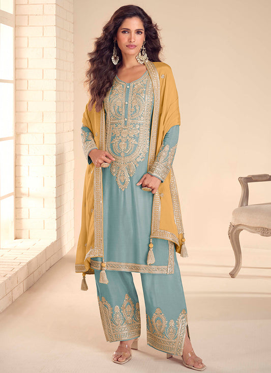 Powder Blue Chinon Embroidery Work Party Wear Readymade Plazzo Suit SW543995