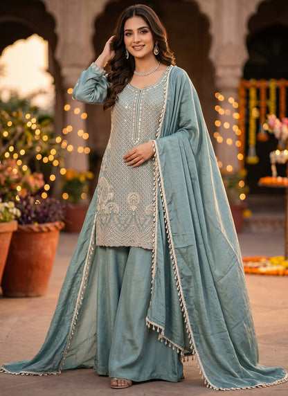 Powder Blue Chinon Silk Embroidery Work Party Wear Readymade Plazzo Suit SW269069