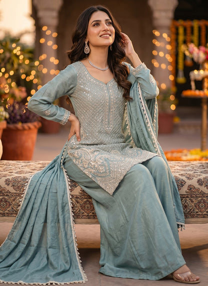 Powder Blue Chinon Silk Embroidery Work Party Wear Readymade Plazzo Suit SW269069