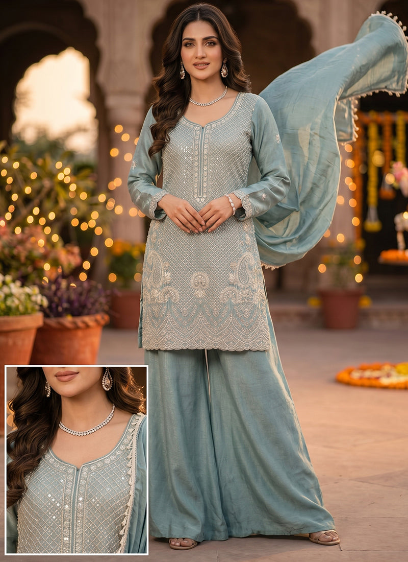 Powder Blue Chinon Silk Embroidery Work Party Wear Readymade Plazzo Suit SW269069