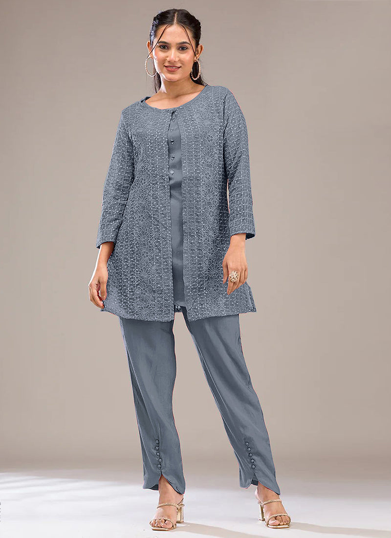 Powder Blue Faux Georgette Embroidery Work Casual Wear Readymade Designer Kurti SW959039