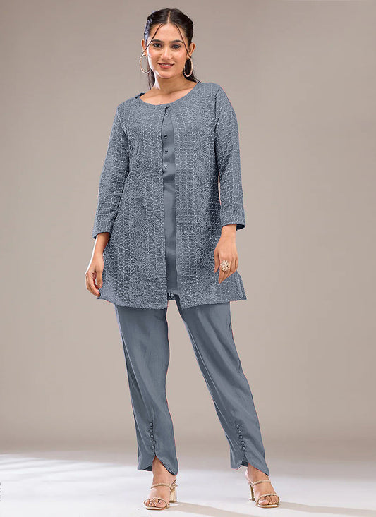 Powder Blue Faux Georgette Embroidery Work Casual Wear Readymade Designer Kurti SW959039