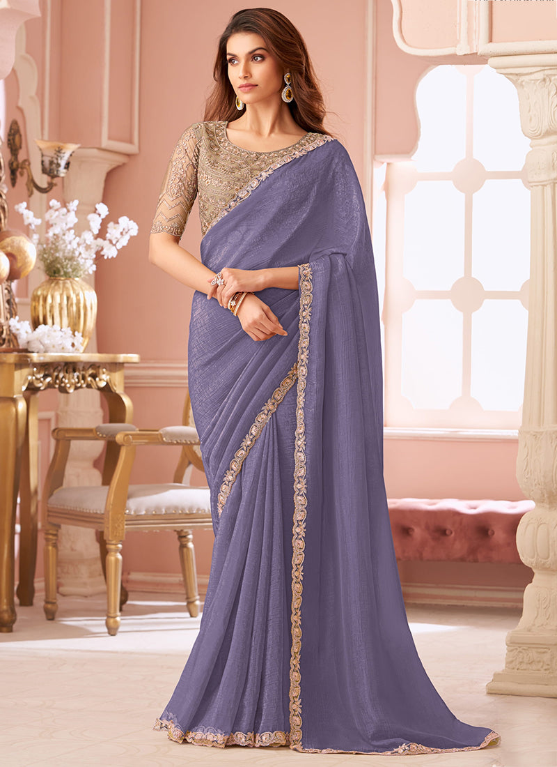 Georgette Powder Blue Saree with Border Work for Festival Wear 381881