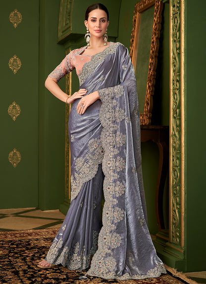 Georgette Silk Powder Blue Wedding Wear Zari Embroidery Work Saree 386647