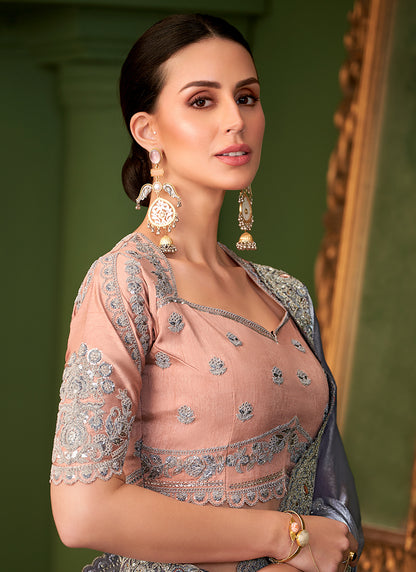 Georgette Silk Powder Blue Wedding Wear Zari Embroidery Work Saree 386647