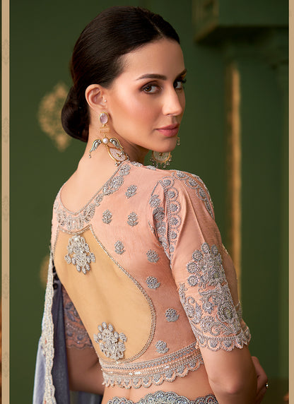 Georgette Silk Powder Blue Wedding Wear Zari Embroidery Work Saree 386647