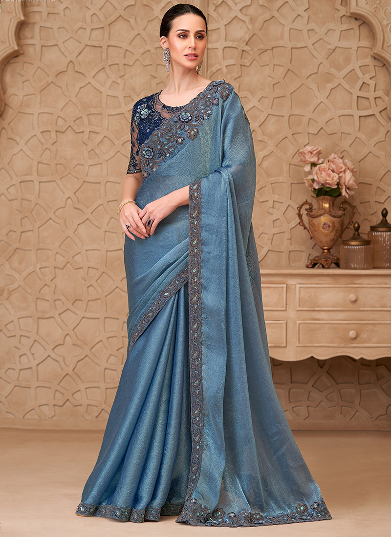 Georgette Powder Blue Party Wear Embroidery Work Saree 385715