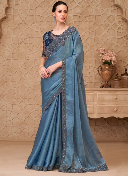 Georgette Powder Blue Party Wear Embroidery Work Saree 385715