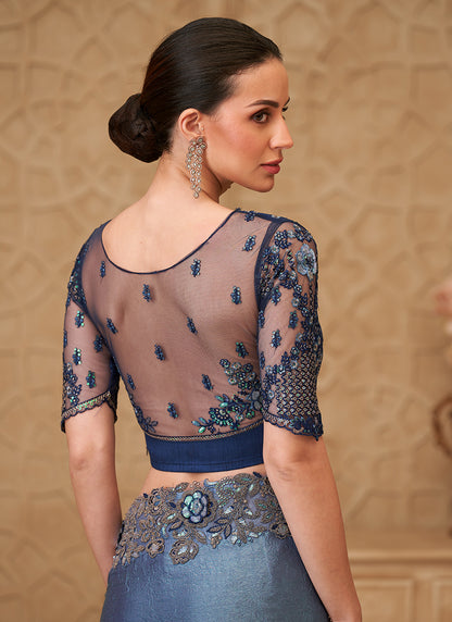 Georgette Powder Blue Party Wear Embroidery Work Saree 385715