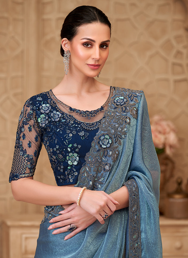 Georgette Powder Blue Party Wear Embroidery Work Saree 385715