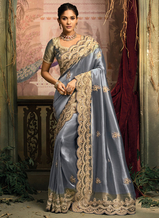 Powder Blue Giraffe Silk Embroidery Work Wedding Wear Wedding Saree SW771829