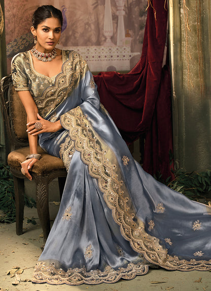 Powder Blue Giraffe Silk Embroidery Work Wedding Wear Wedding Saree SW771829