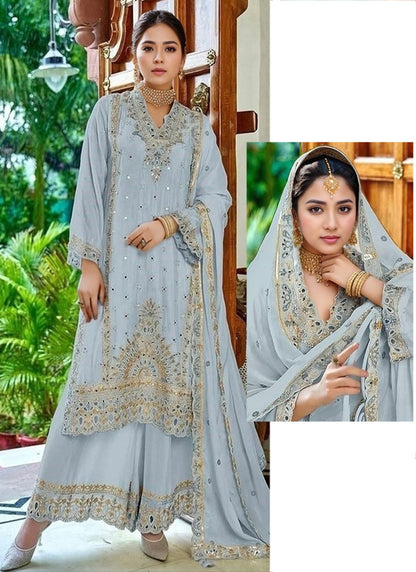Heavy Chinon Powder Blue Eid Wear Zari Work Readymade Pakistani Suit 388113