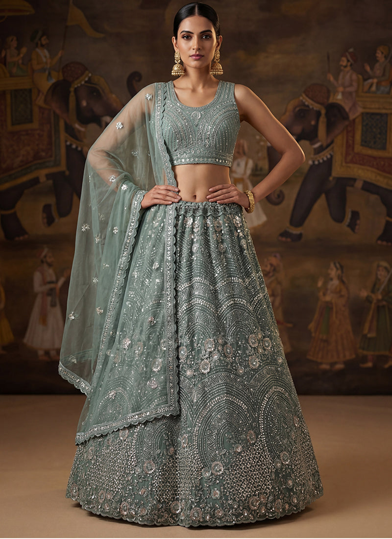 Powder Blue Net Sequins Work Bridal Wear Lehenga Choli SW308467