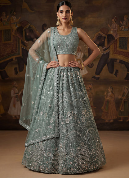 Powder Blue Net Sequins Work Bridal Wear Lehenga Choli SW308467