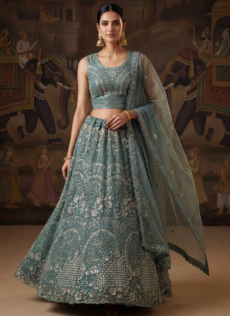 Powder Blue Net Sequins Work Bridal Wear Lehenga Choli SW308467