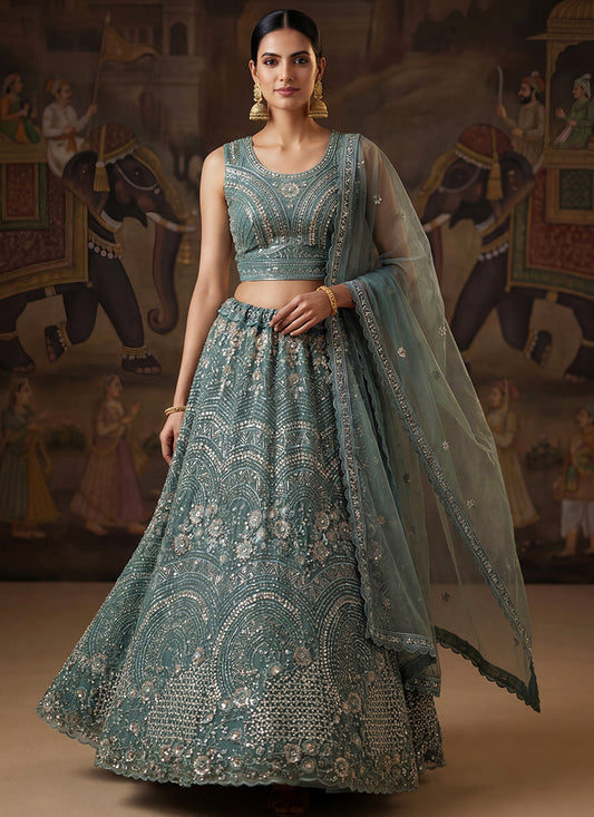 Powder Blue Net Sequins Work Bridal Wear Lehenga Choli SW308467