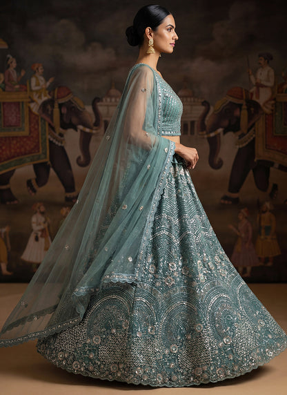 Powder Blue Net Sequins Work Bridal Wear Lehenga Choli SW308467