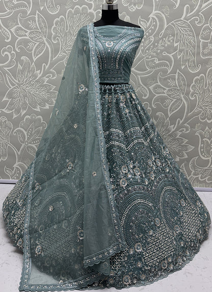 Powder Blue Net Sequins Work Bridal Wear Lehenga Choli SW308467