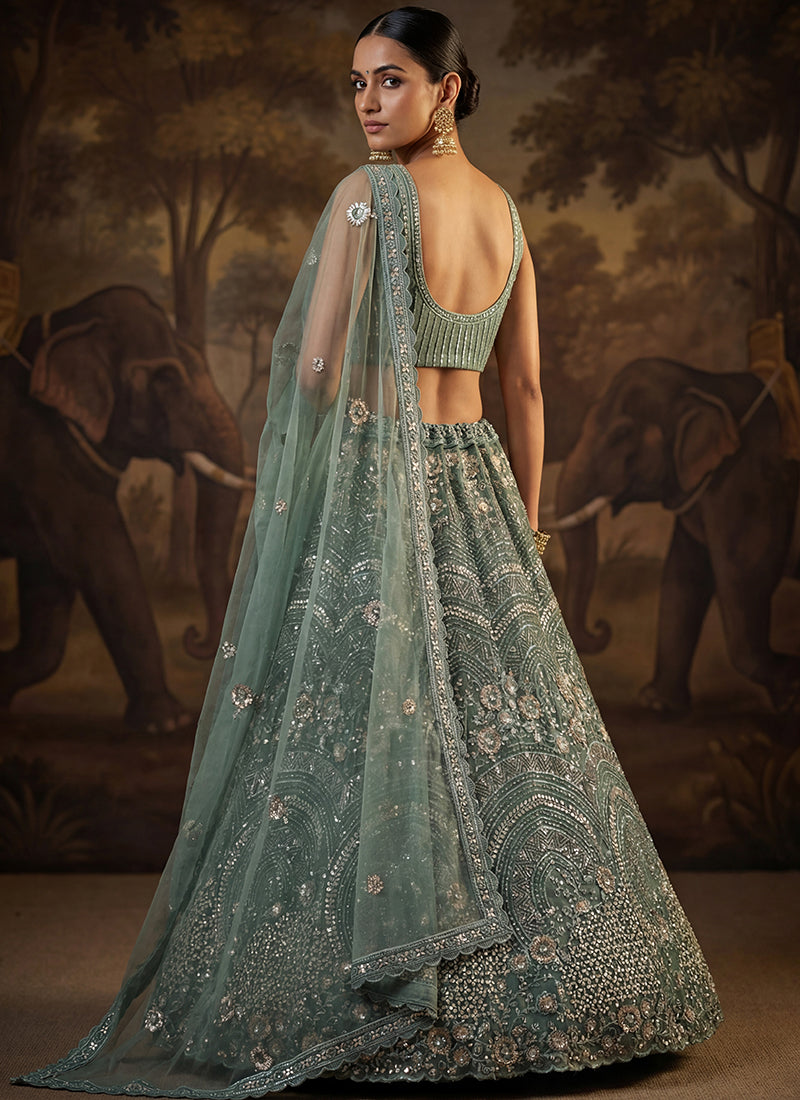 Powder Blue Net Sequins Work Bridal Wear Lehenga Choli SW308467