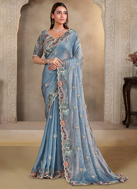 Satin Silk Powder Blue Wedding Wear Embroidery Work Saree 386125