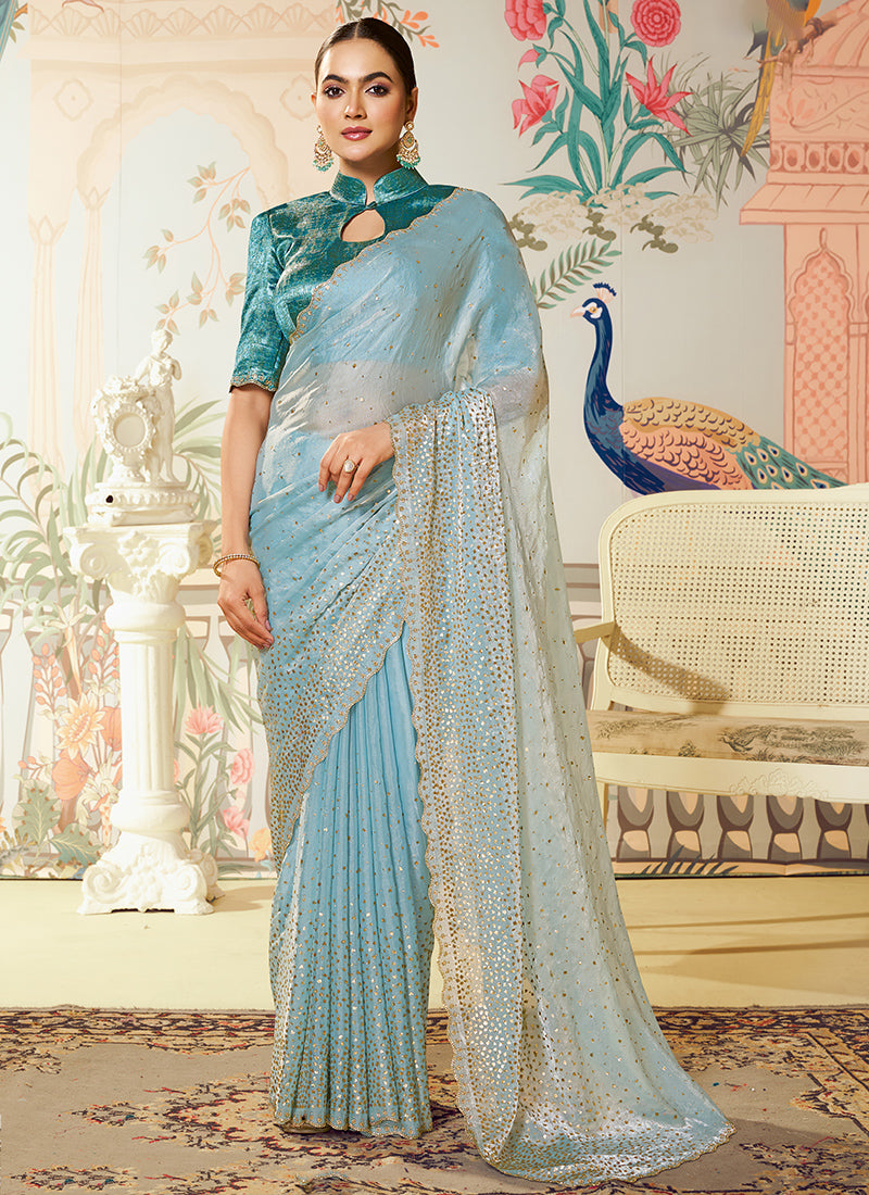 Silk Powder Blue Saree with Embroidery Work for Festival Wear 385028