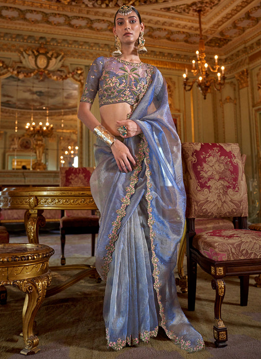 Powder Blue Tissue Silk Thread Work Occasional Wear Saree SW819104