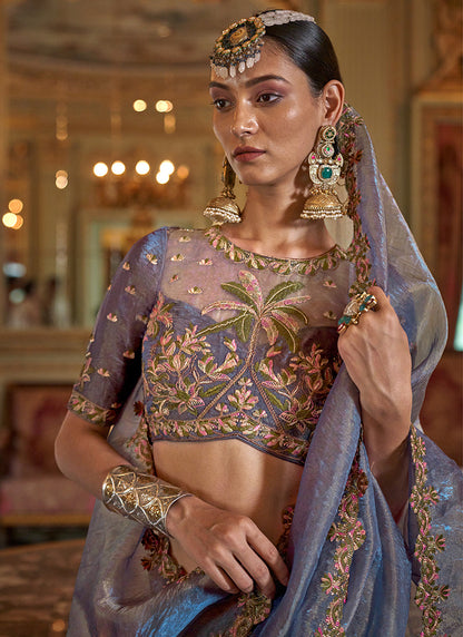 Powder Blue Tissue Silk Thread Work Occasional Wear Saree SW819104