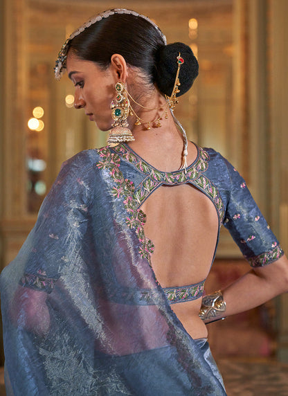 Powder Blue Tissue Silk Thread Work Occasional Wear Saree SW819104
