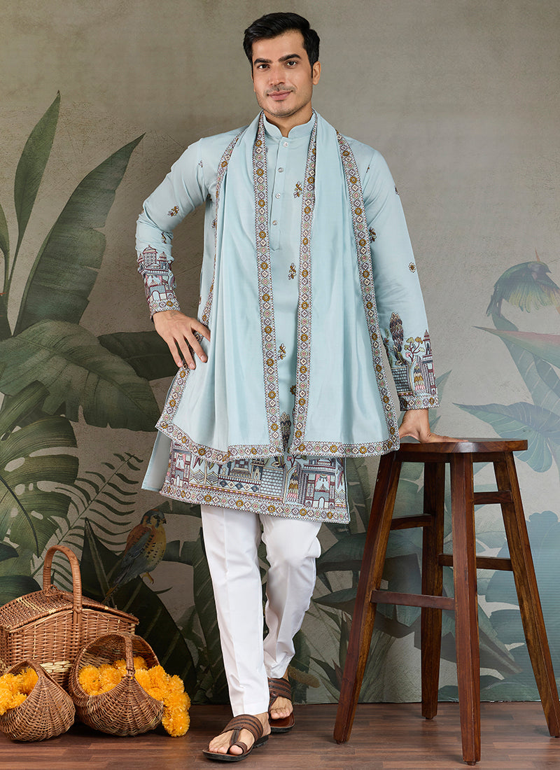 Viscose Silk Powder Blue Party Wear Embroidery Work Readymade Kurta With Dupatta 377161