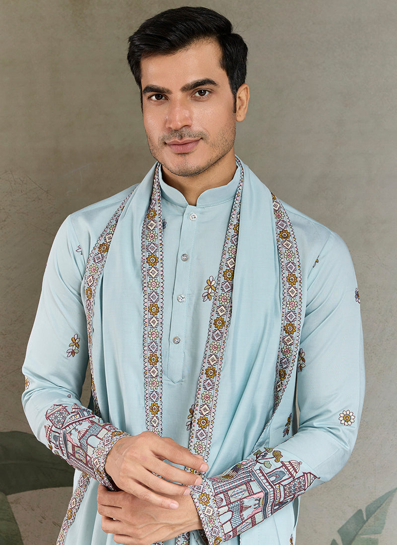 Viscose Silk Powder Blue Party Wear Embroidery Work Readymade Kurta With Dupatta 377161