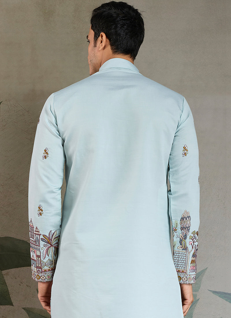 Viscose Silk Powder Blue Party Wear Embroidery Work Readymade Kurta With Dupatta 377161