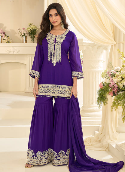 Purple  Georgette Embroidery Work Festival Wear Readymade Sharara Suit SW375313