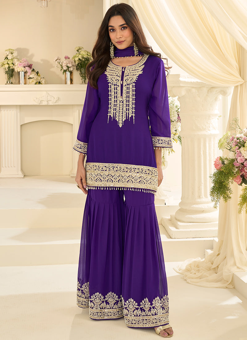 Purple  Georgette Embroidery Work Festival Wear Readymade Sharara Suit SW375313