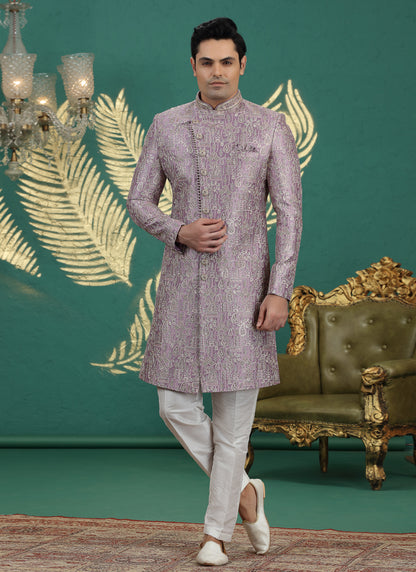 Art Silk Purple Wedding Wear Hand Embroidery Readymade Groom Sherwani 386004